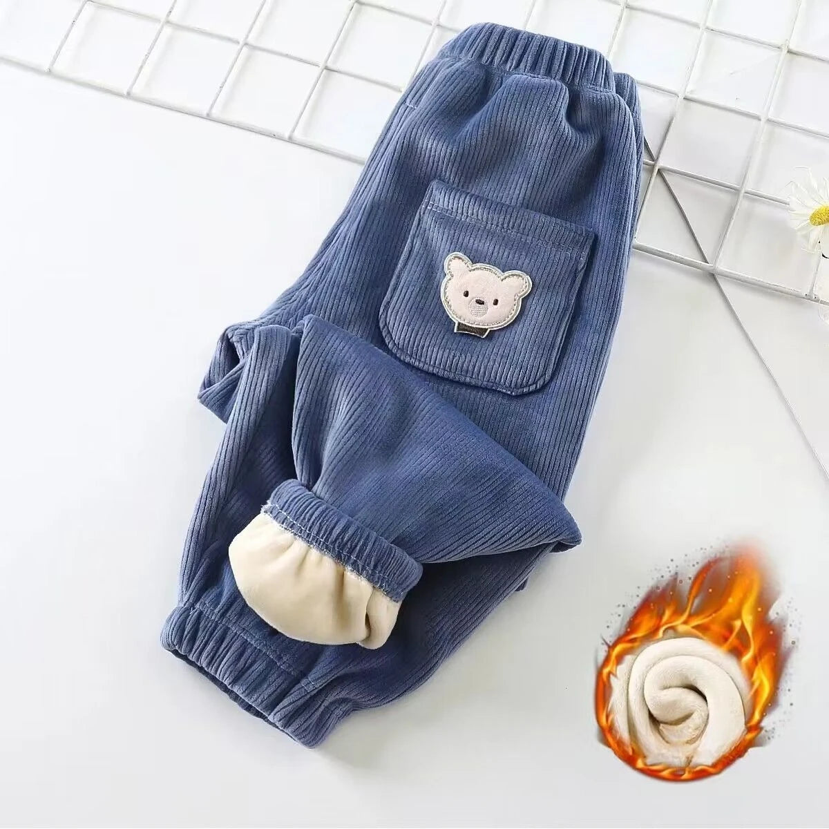 1pcs Boy Girl Winter Velvet Corduroy Kids Pants Little Bear Cartoon Mid Waist Warm Pantalones Baggy Thick Plush Children Trouser