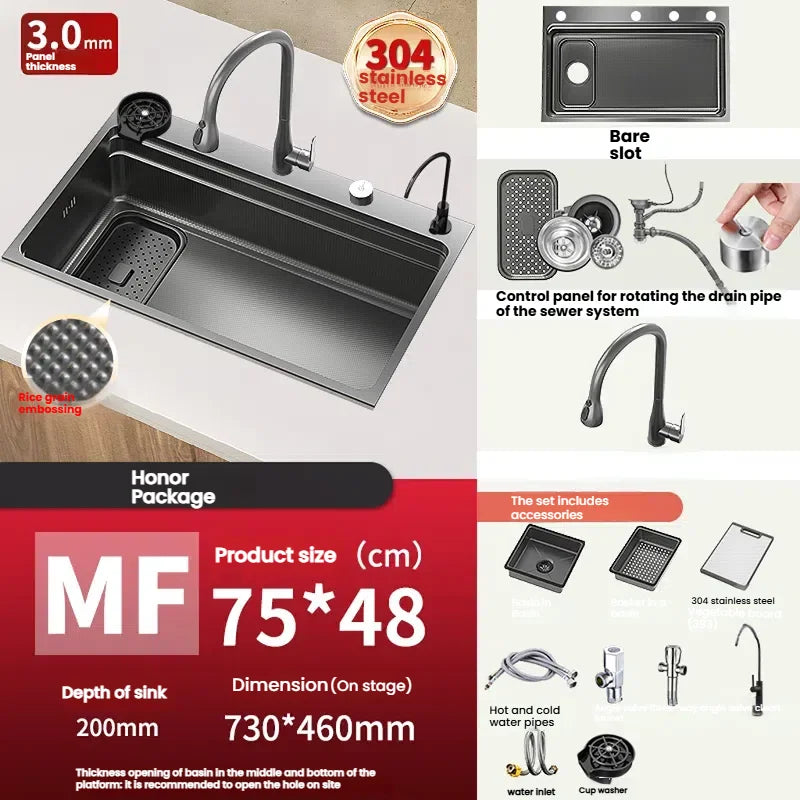 Stainless Steel Gray Kitchen Sink Multifunctional Stain and Scratch Resistant Large Single Slot Household Wash Cuisine Basin