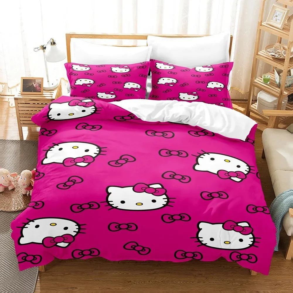Sanrio Hello Kitty Cartoon Big Size Bedding Set Pink Cats Kawaii Duvet Cover For Girl Kids Single Decor Home Bedclothes Custom