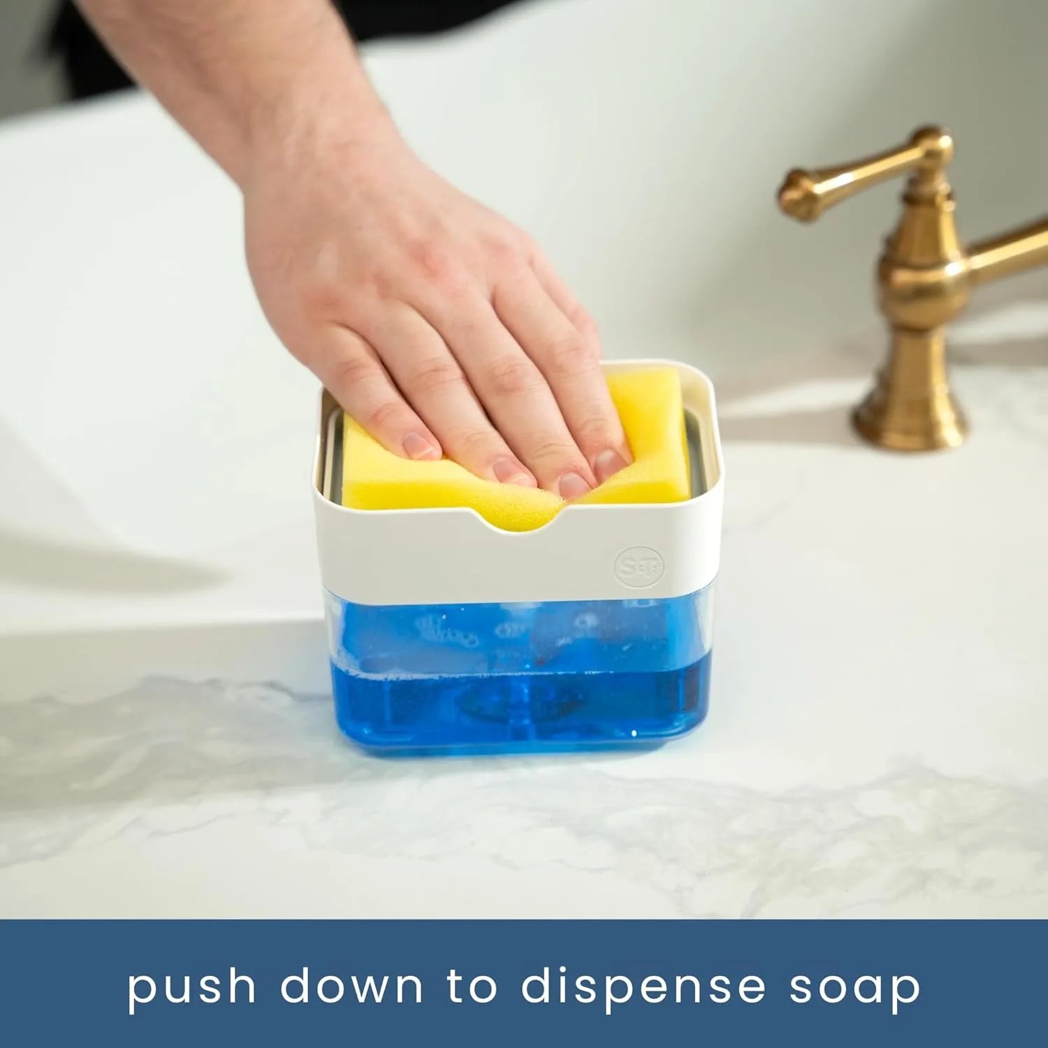 The home kitchen sink dishwashing soap dispenser with sponge holder is used for storing and dispensing liquid cleaning agents vi
