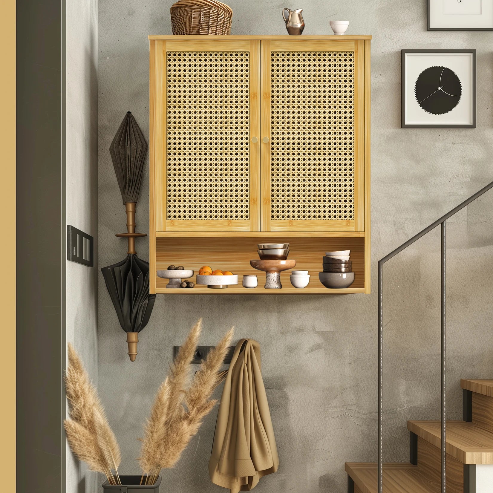 Solid Wood Bamboo Bathroom Wall Cabinet Over The Toilet Kitchen Living Room Storage Cabinet w/ 3 Shelves Medicine Cabinet 2-Door