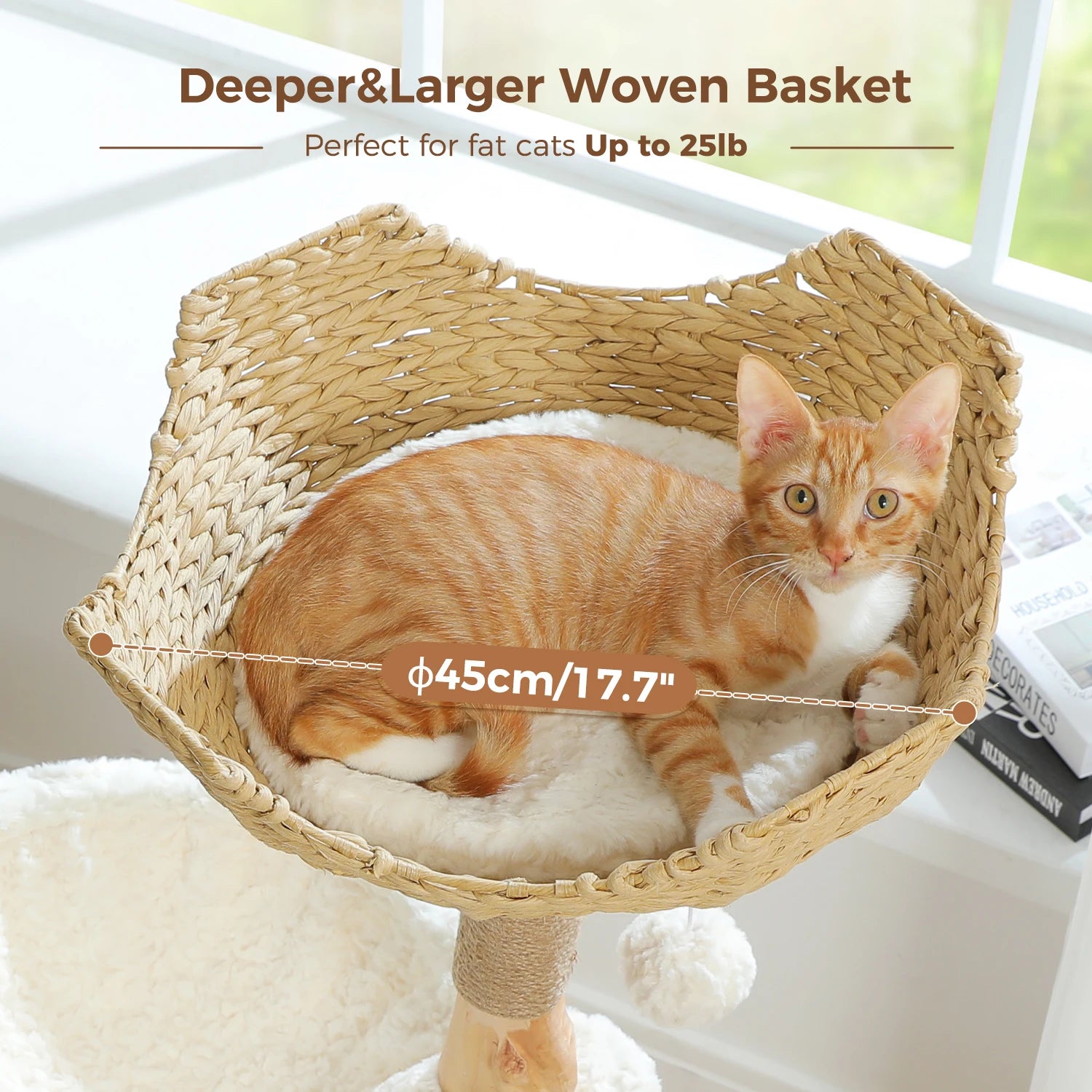 Modern Cat Tree Tower with Natural Solid Wood Scratching Posts Spacious Wicker Basket Luxury Cat Condo Bed for Indoor Cat Toys