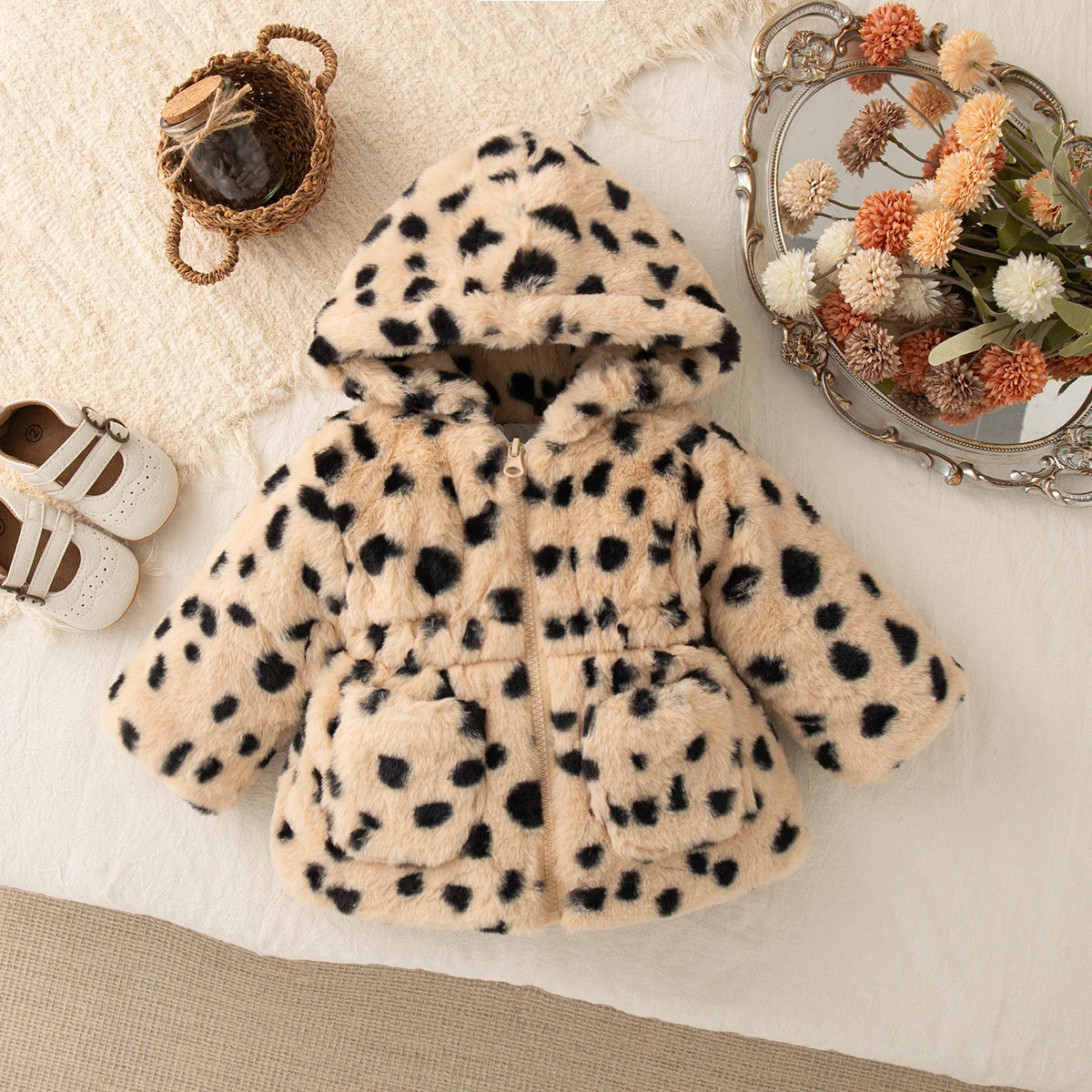 Baby Clothes Girl Winter Full Printed Spot Pattern Warm Lamb Suede Baby Girl's Outerwear Hooded Cute Casual Girl's Coat