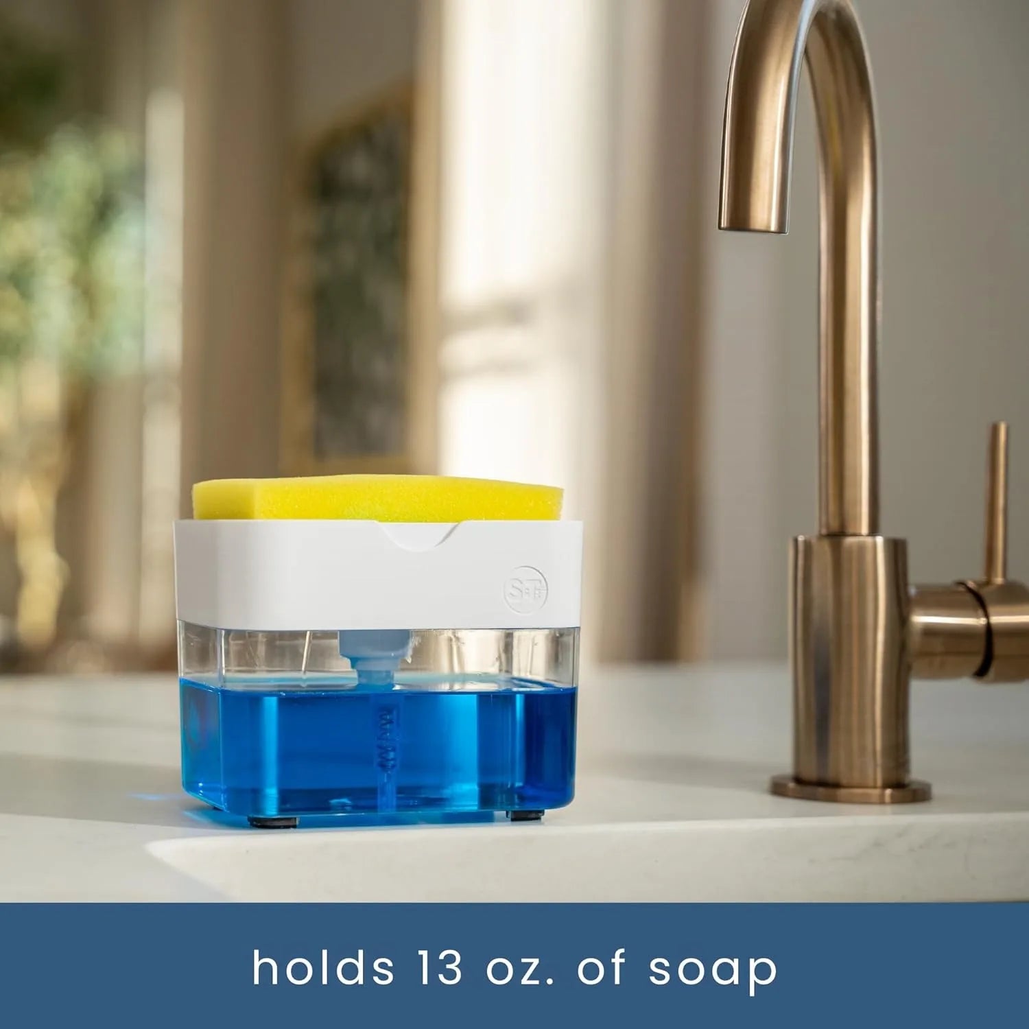 The home kitchen sink dishwashing soap dispenser with sponge holder is used for storing and dispensing liquid cleaning agents vi