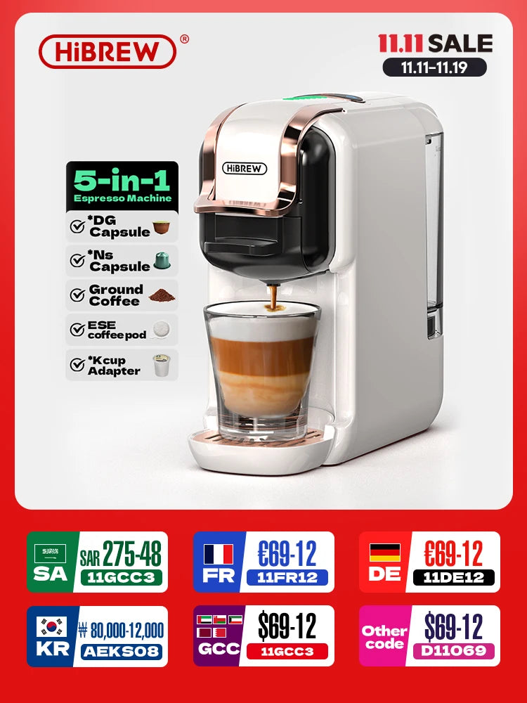 HiBREW 5 in 1 Multiple Capsule Coffee Machine Hot/Cold DG Cappuccino Nes Small Capsule ESE Pod Ground Coffee Cafeteria 20Bar H2B
