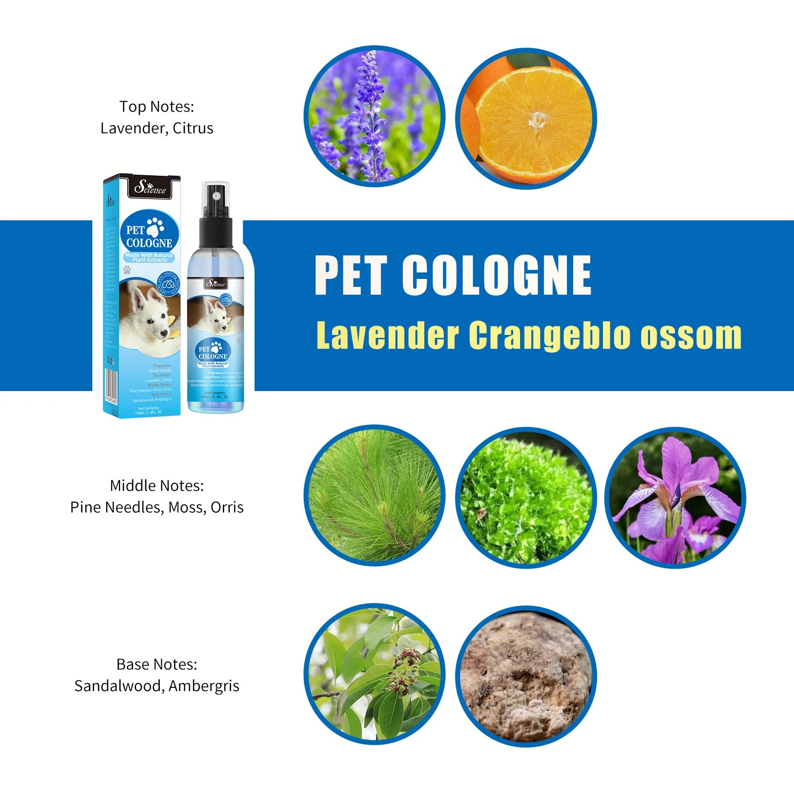 100 Ml Pet Deodorizing Perfume Spray, Cats & Dogs Eliminating Odors Natural Long-Lasting Fragrance ( Lemon, Orange And Lavender)