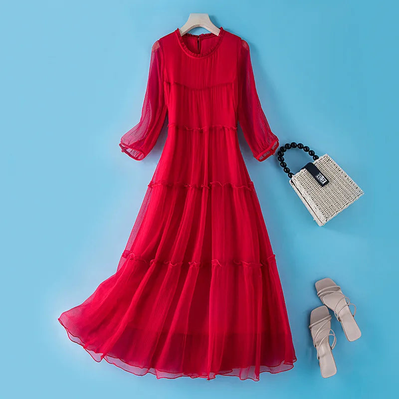 Winsleter, 100%Real Silk Elegant Dresses, Women Half Sleeve ONeck Ruched, Beach Vacation OL Dress, 2024 Summer Autumn D46910QM