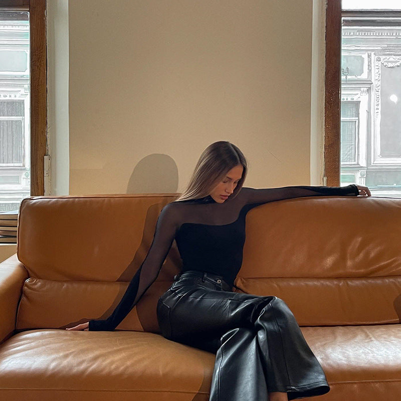 Bodysuit Women Sexy Transparent Turtleneck Festivals Outfits Mesh Top Long Sleeve Tees Sexy Woman Costume See Through Leotard