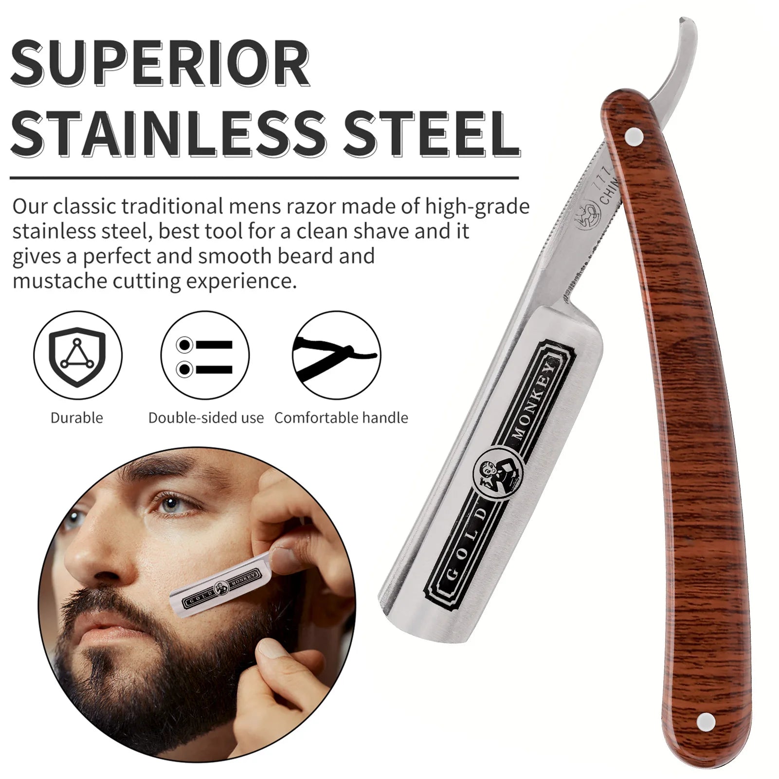 Rasoir Repose-lame en acier inoxydable droit Poignée en bois