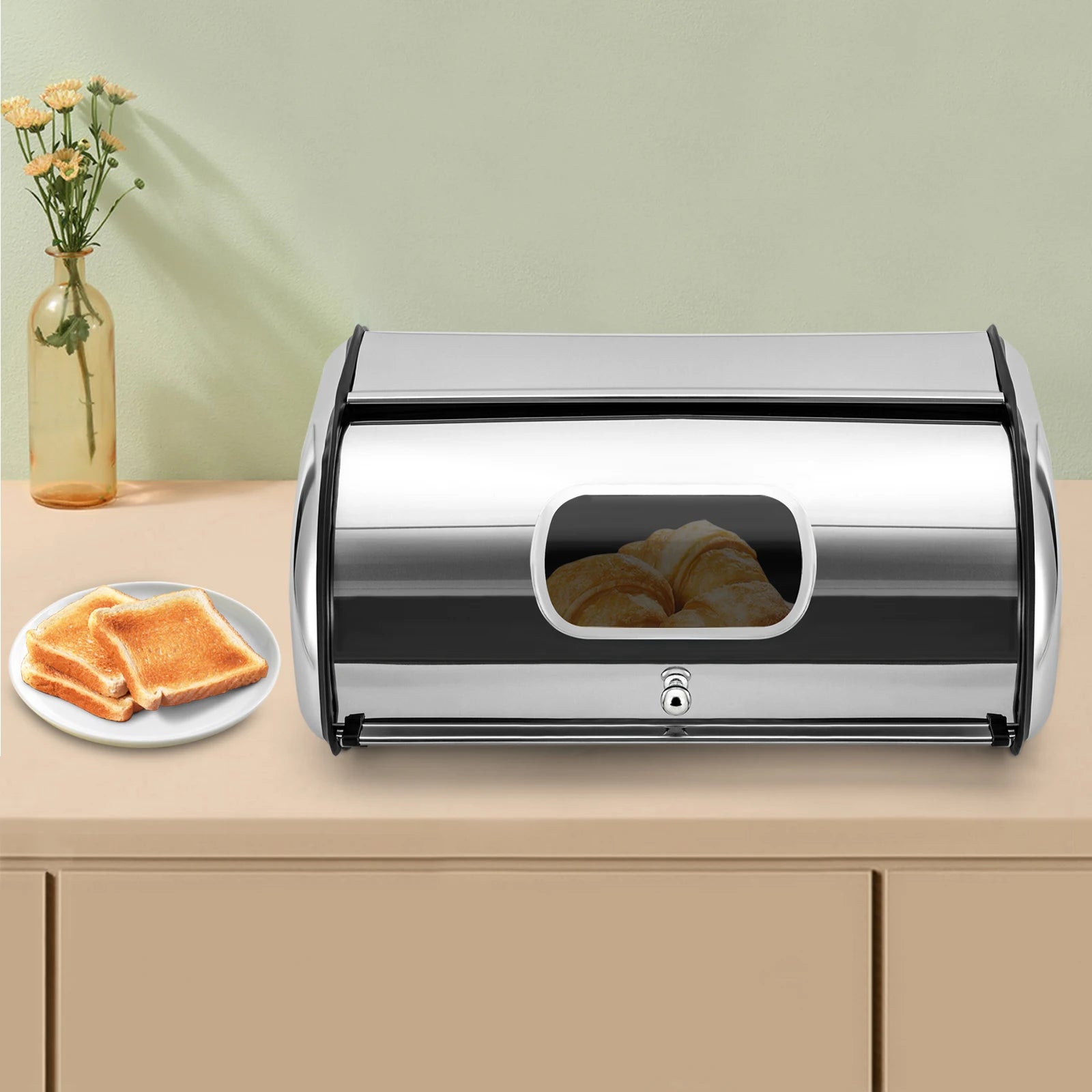 Stainless Steel Bread Box, 1.32Gal Capacity, Oval Shape, Viewing Window, Keeps Bread Fresh, Easy to Clean