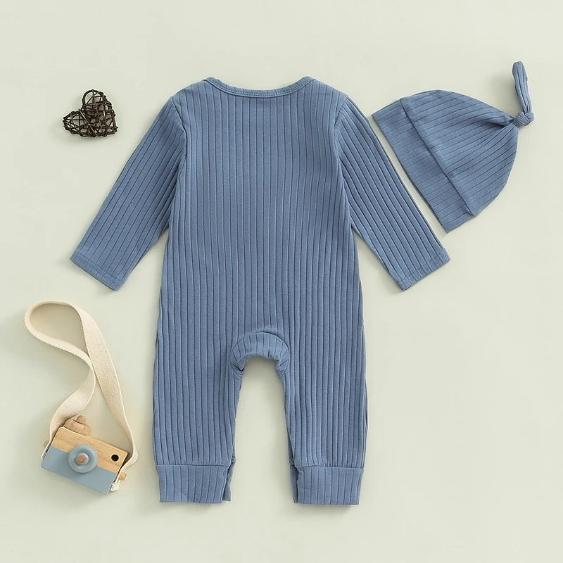 Pudcoco Infant Newborn Baby Boy Bodysuits Letter Embroidered Ribbed Long Sleeve Round Neck Fall Jumpsuits Hat Outfits 0-18M