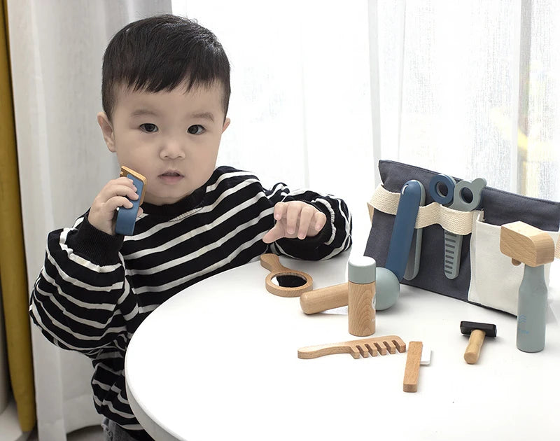 Kids Wooden Makeup Haircut Toy Beauty Fashion Salon Playset Games Combs Hair Dryer Pretend Play House Barber Makeup Kit Girl Toy