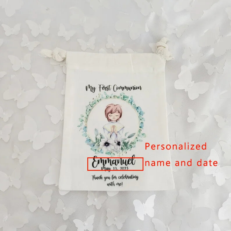 5pcs Personalized boy girl 1st First Holy Communion party bags Baptism Confirmation Religious decoration welcome thank you favor