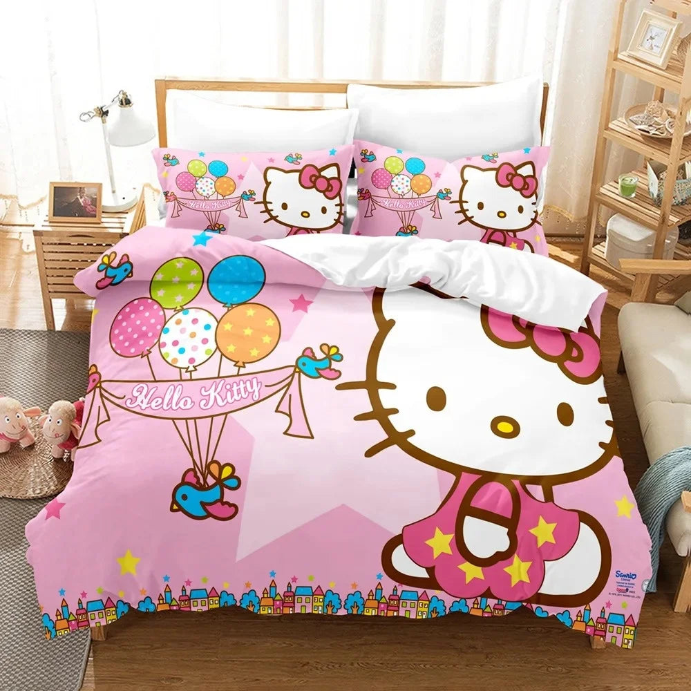 Sanrio Hello Kitty Cartoon Big Size Bedding Set Pink Cats Kawaii Duvet Cover For Girl Kids Single Decor Home Bedclothes Custom