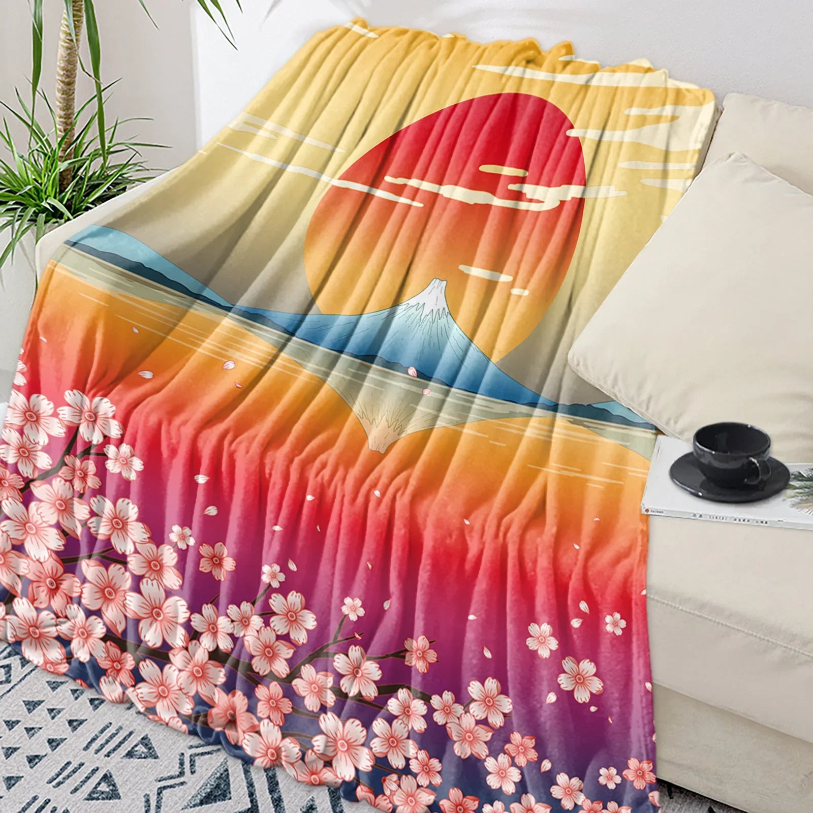 بطانية دافئة من الفلانيل المايكروفايبر بتصميم أزهار الكرز وفرع البرقوق وزهرة وردية وبيضاء، بطانيات ديكور غرفة النوم للأسرّة