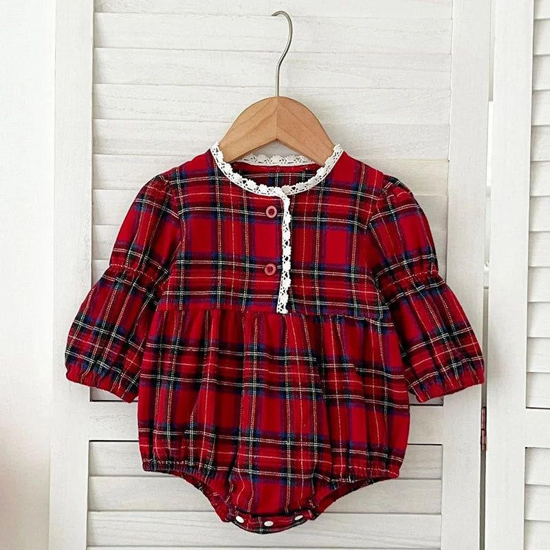 Christmas Infant Baby Girl Romper Autumn Winter Newborn Baby Girl Children Clothes Red Plaid Lapel Long Sleeved Newborn Romper