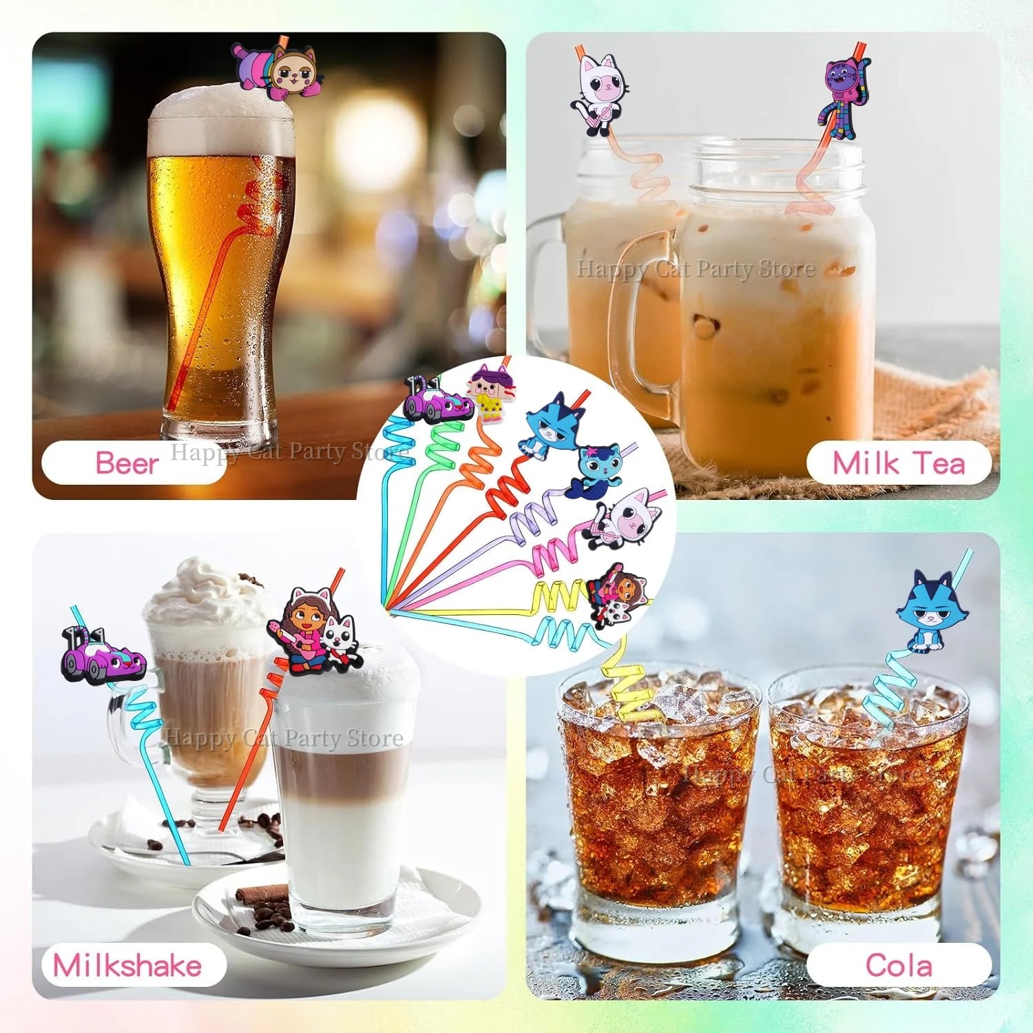 Gabby Kids Straws Cartoon Gabby Cat Reusable Drinking Straw Gabby Dollhouse Cats Straws Birthday Party Supplies Baby Shower Toys