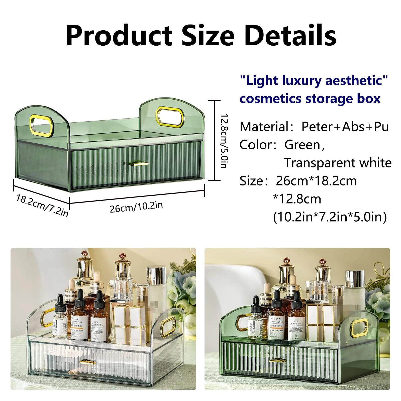 Makeup Organizer Countertop Clear Cosmetics Storage Boxes with Drawers & Portable Handle For  Vanity Skincare Desktop Bathroom