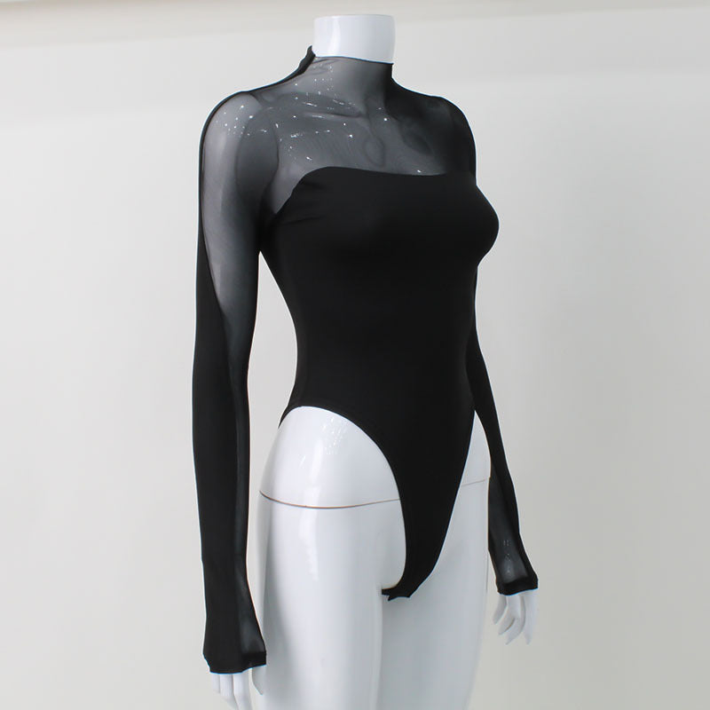 Bodysuit Women Sexy Transparent Turtleneck Festivals Outfits Mesh Top Long Sleeve Tees Sexy Woman Costume See Through Leotard