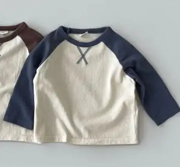 Kid Casual Simple Patchwork Long Sleeves T-shirt Pullover Tops Girl Loose Comfortable Soft Bottoming Shirt cotton tees