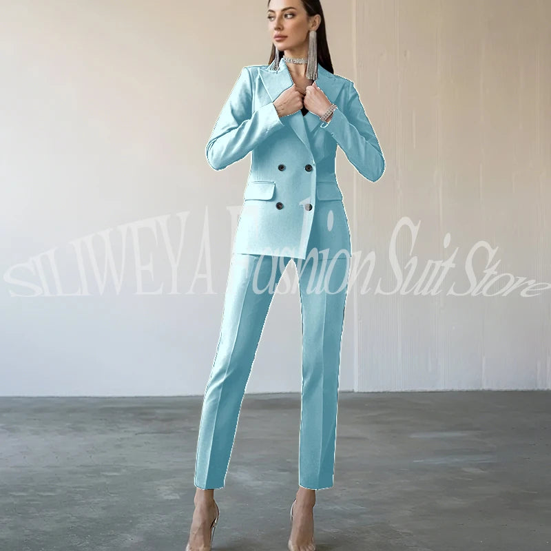 Fashion Chic Burgundy Red Purple Women Suit Double Breasted 2 Piece Jacket Pants Blazer Set Slim Fit Office Lady Female Clothing