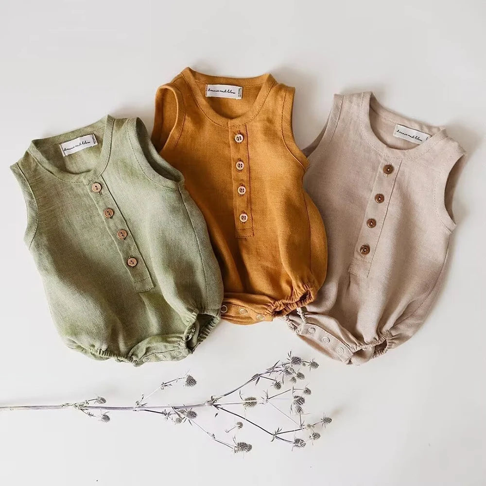 Newborn Baby Boys Linen Cotton Romper Soft Breathable Sleeveless bodysuits Infant Jumpsuit Toddler Girls One-Piece Clothes 0-24m