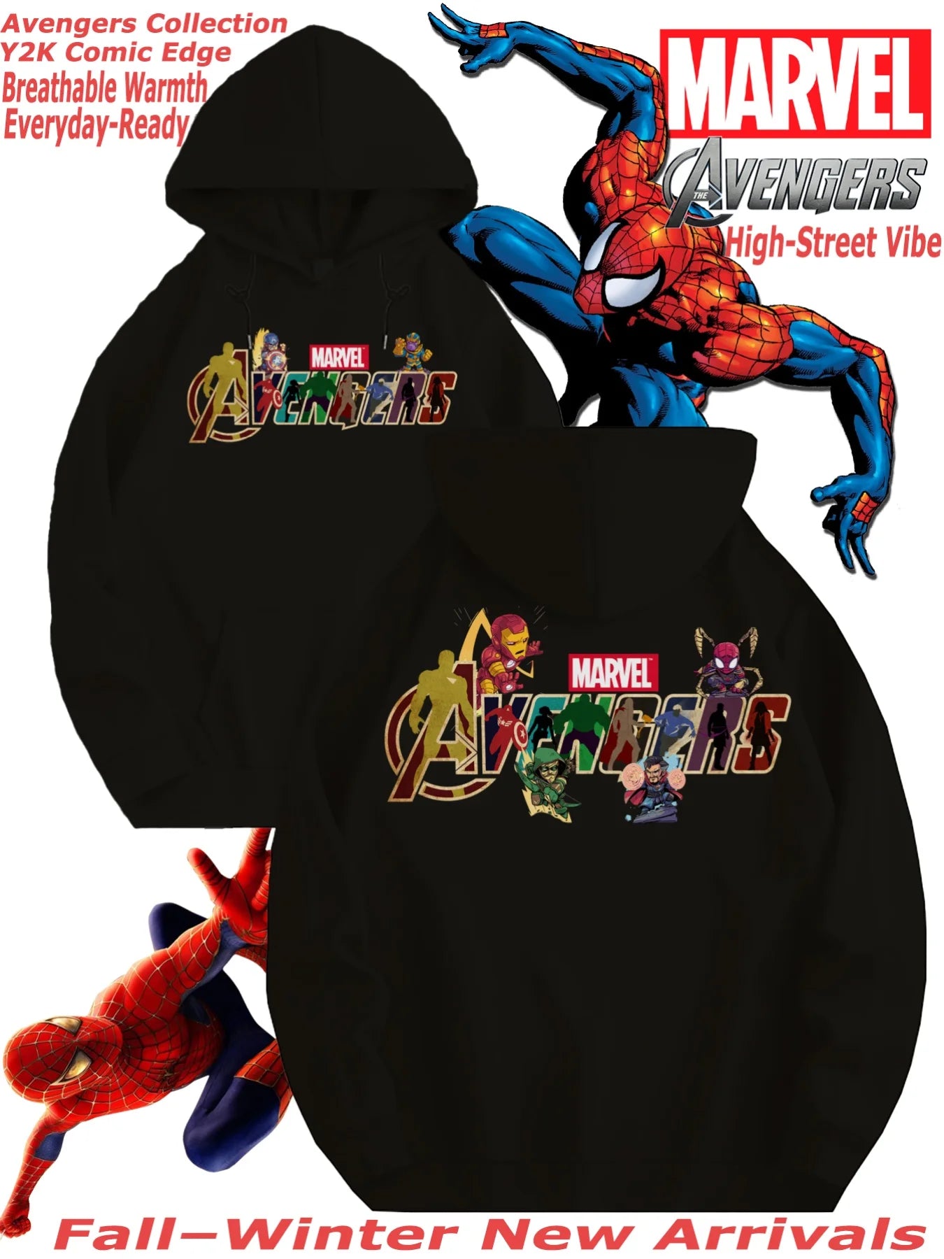 Marvel" Men's Heavyweight Statement Graphic American High Street Style Hooded Sweatshirt, Loose Oversize Fashion Print Soft