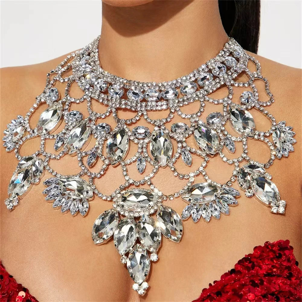 Luxury Fashion Rhinestone Big Necklace Party Exaggeration Bling Crystal Necklace Jewelry Bridal Wedding Gift Accessories