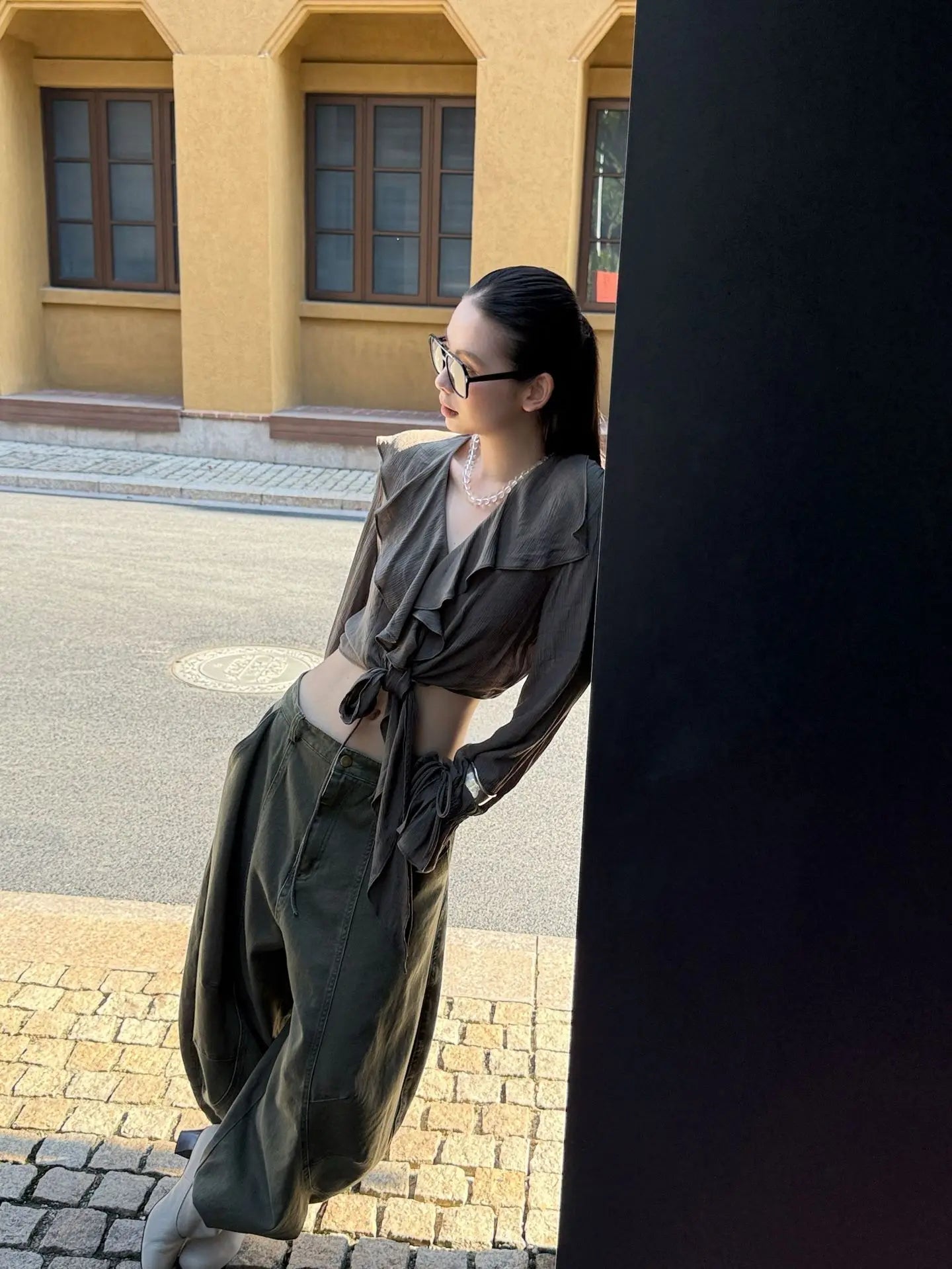 DEAT Fashion Splicing Silhouette Curved Jeans Women's High Waist Loose Wide Leg Denim Pants Autumn New 7A1005