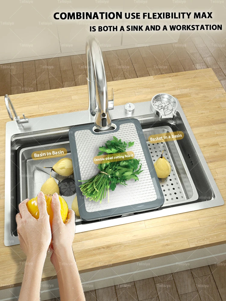 304 Stainless Steel Kitchen Sink Silver Large Single Slot Undermount Multifunction Sinks Dishwashing Basin