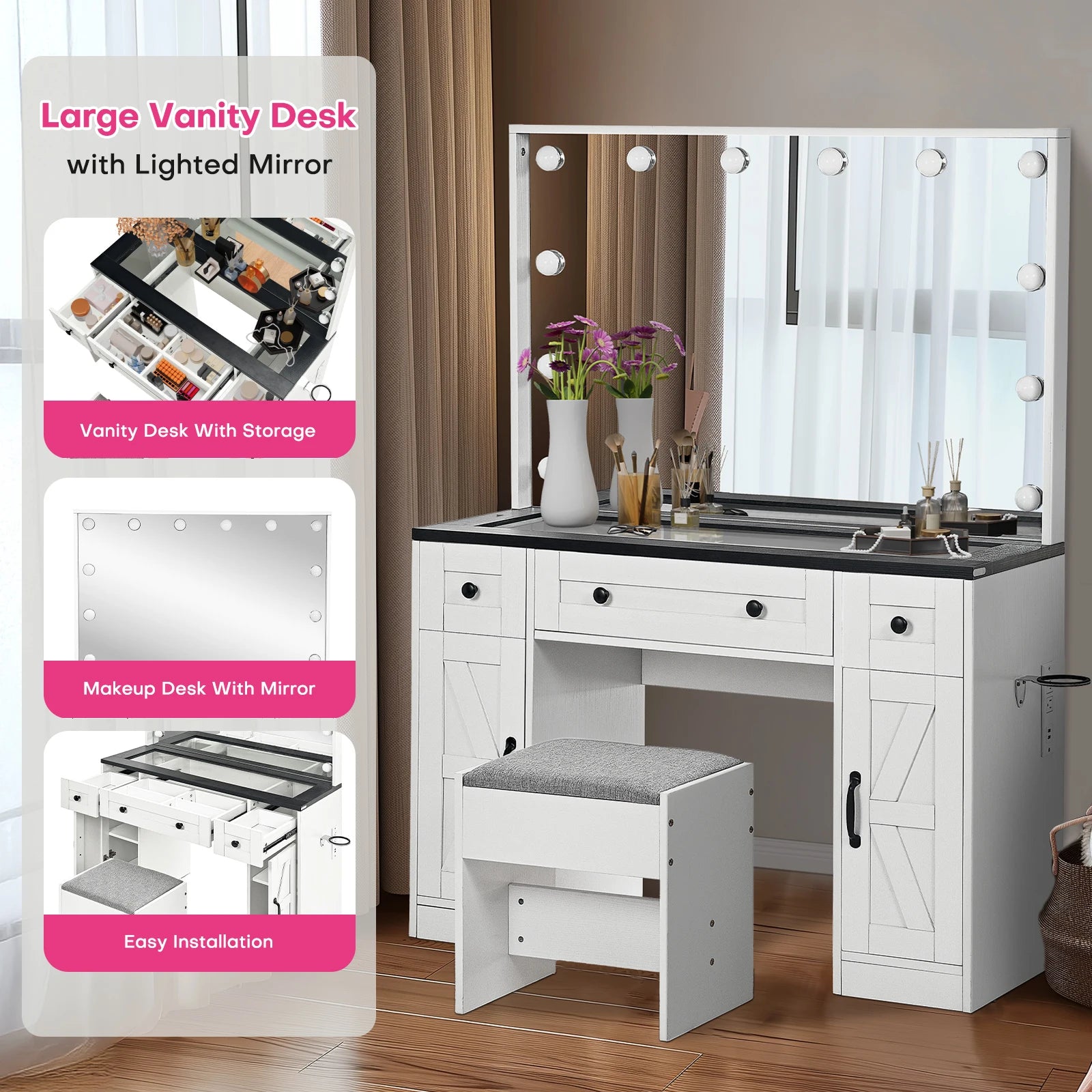 Bureau de maquillage de ferme avec miroir éclairé, bureau de maquillage Hollywood avec 3 tiroirs et 2 armoires, coiffeuse de 43 pouces, tabouret inclus