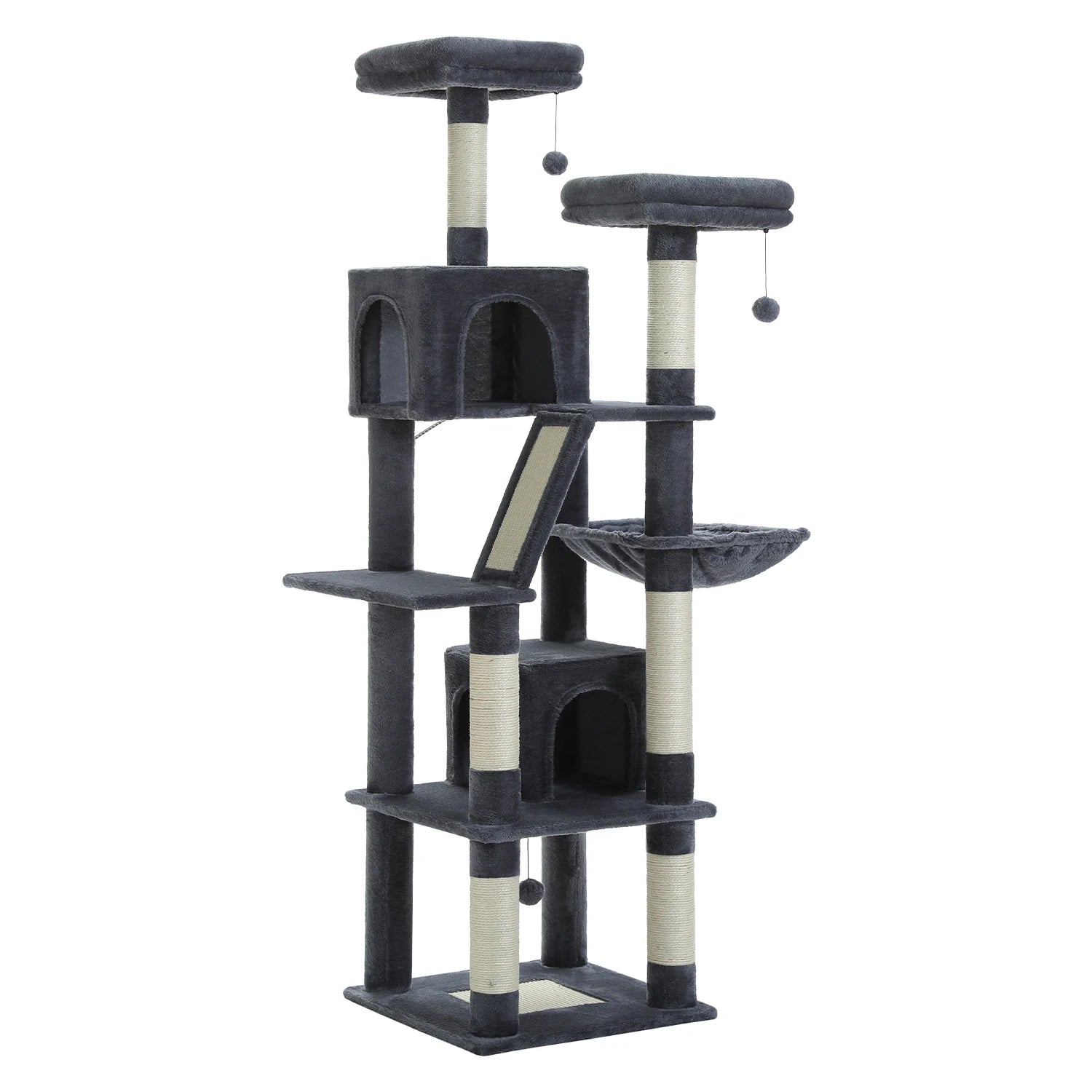 Stable&Safe Multi-Level Cat Tree Tower with Cozy Condo,Scratching Posts&Boards,Perches,Hammock,Pompoms for Active Cats,Cat Toys