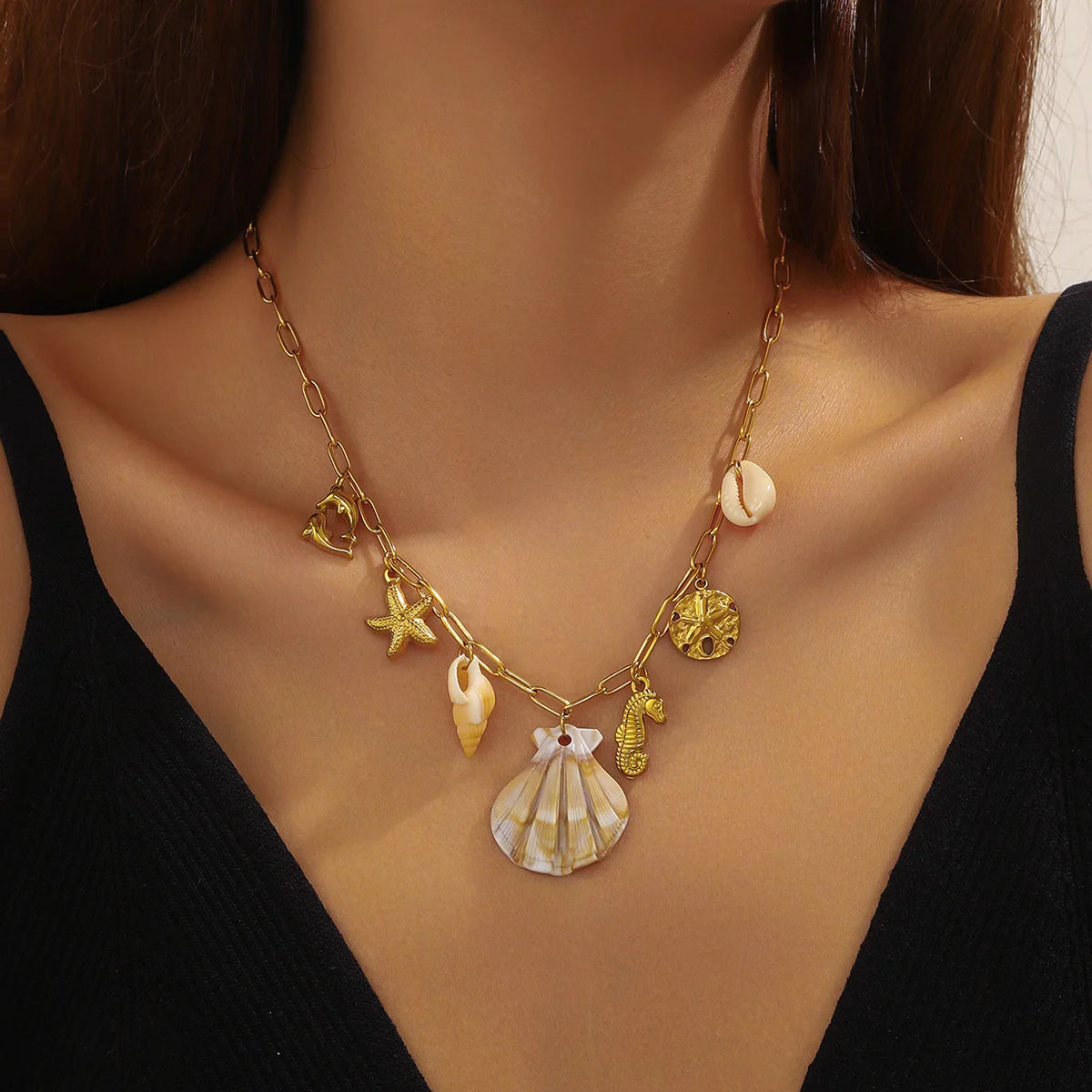 316 Stainless Steel Sea Star Conch Dolphin Shell Pendant  Necklace Lady New Fashion Trend Neck Chain Jewelry Party Gift