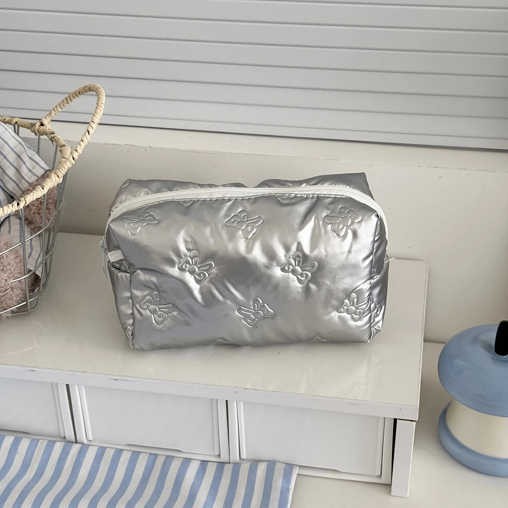 Korean Quilted Love Bow Cosmetic Bag Skincare Products Pouch Inner Pocket Multi-function Makeup Lipstick Storage Bag Handbag