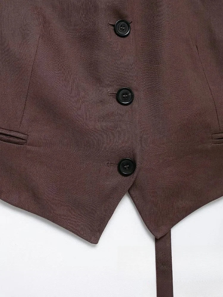 KONDALA Vintage Chic Women Suit Solid Halter Backless Vest Straight Button Loose Pants Fashion 2025 Autumn Office Lady Set