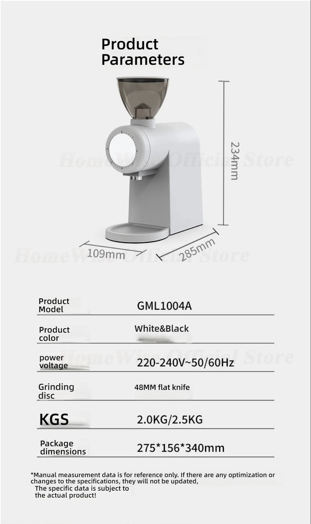 HomeWise G1004A Electric Coffee Grinder 48mm Flat Burr Plasma Anti-Static for Espresso Pour Over French Press Coffee Mill