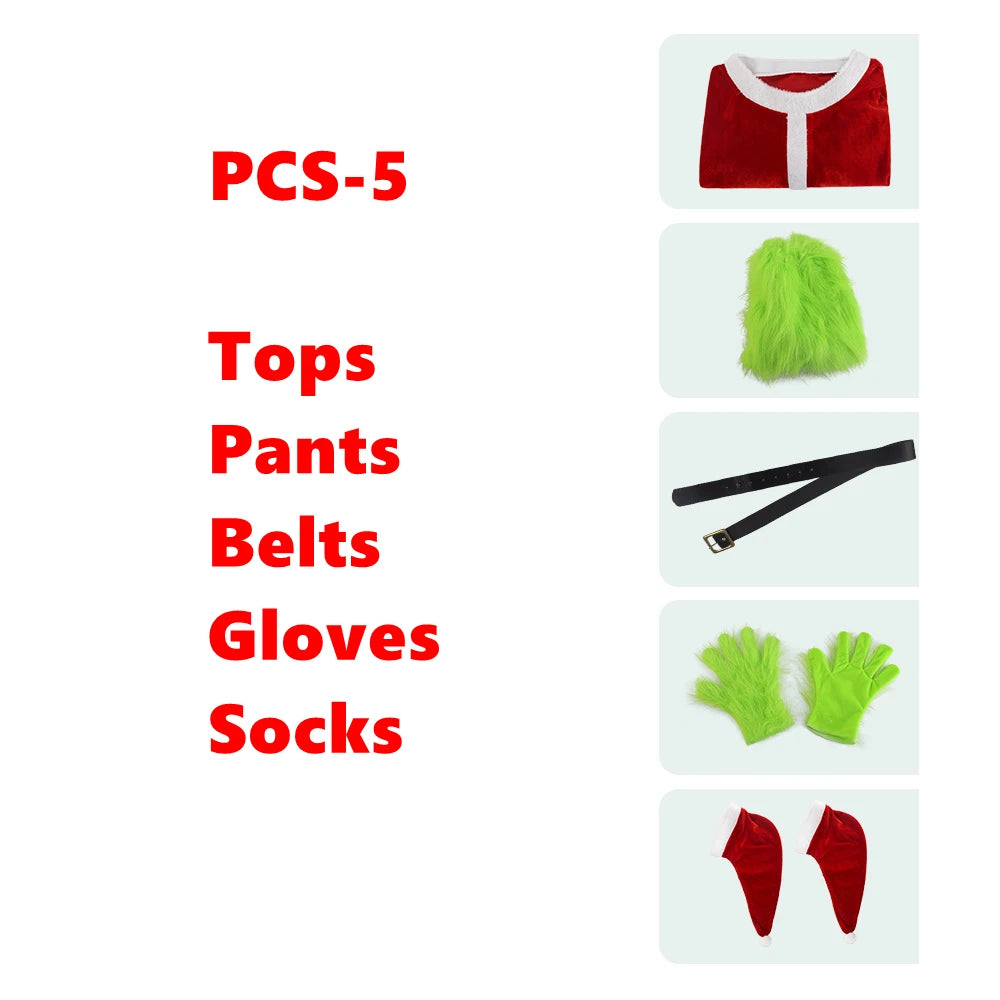 Merry Christmas Grinch Cosplay Costumes Green Thief Plush Mask Pants Gloves Red Santa Claus Hat Tops Socks Holiday Set Xmas Gift
