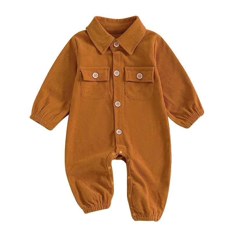 Pudcoco Baby Autumn Casual Corduroy Jumpsuit Long Sleeve Lapel Solid Color Button Up Romper