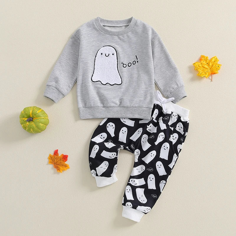 Baby Boys Halloween Tracksuit Outfits Long Sleeve Ghost Embroidery Sweatshirt + Trousers Set Toddler Fall Clothes
