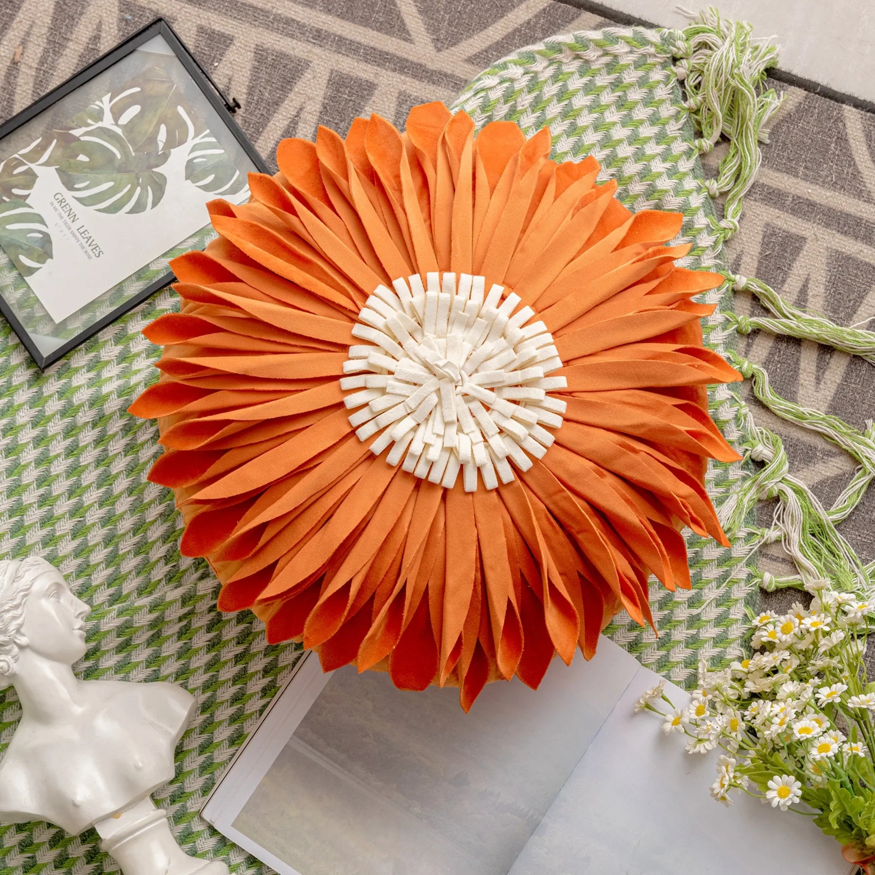 Modern Style Yellow White Throw Pillows Round  45*45 Velvet Stitching 3D Chrysanthemum Cushion Cover Waist Blue Cute Pillowcase