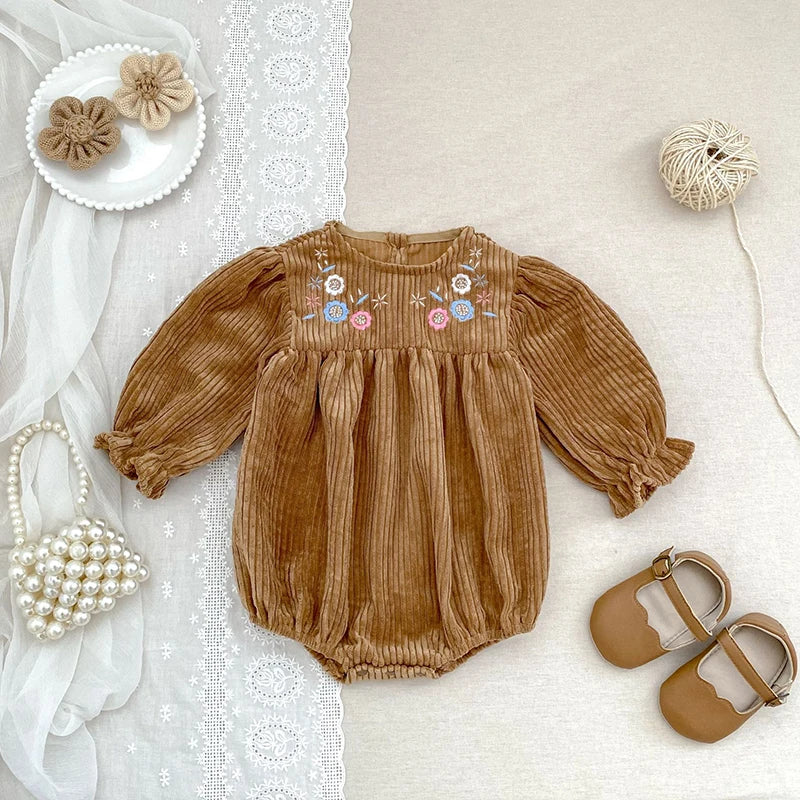 Autumn Baby Girl Clothing Spring Toddler Baby Girl Corduroy Romper Newborn Baby Girl Long Sleeve Embroidered Flowers Jumpsuit