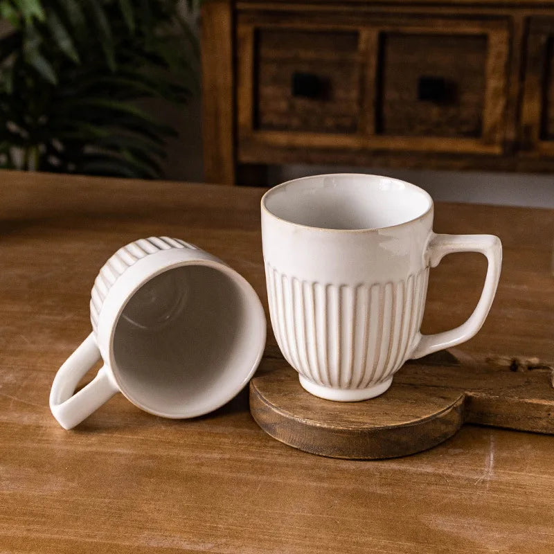 Vintage Mug  Simple Vertical Embossed Ceramic Water Cup High Aesthetic Ceramic Household Cup Couple Cup  Coffee Cup
