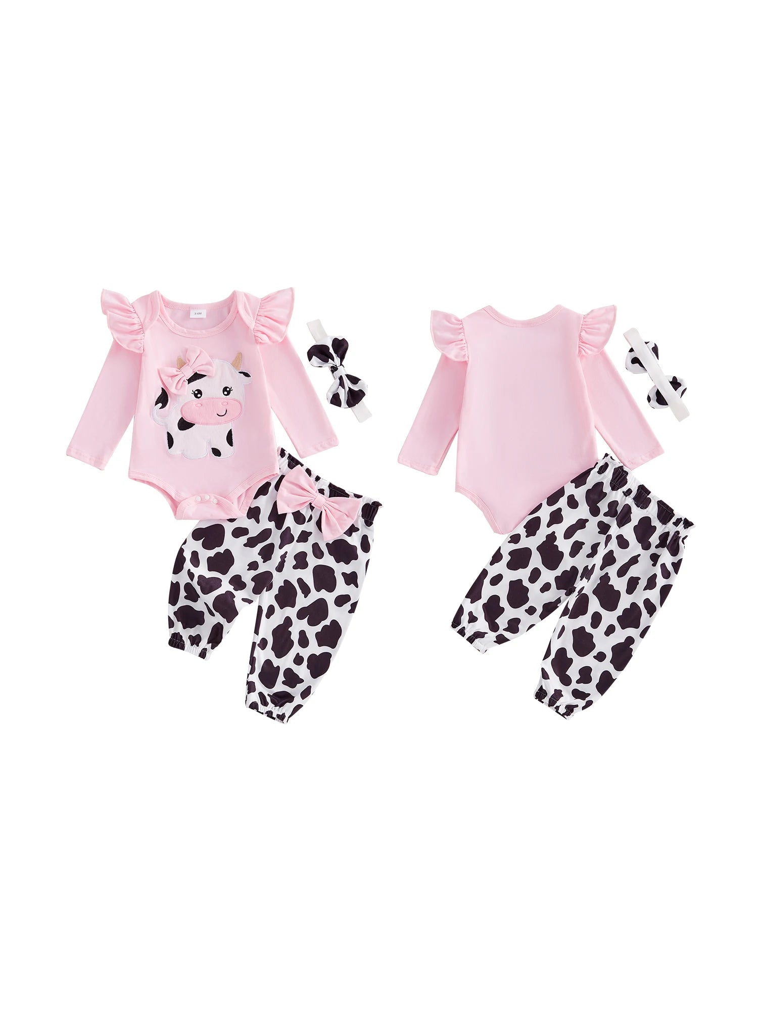 Baby Girl Fall Outfits Cow Embroidery Long Sleeve Romper Long Pants Headband 3Pcs Clothes Set