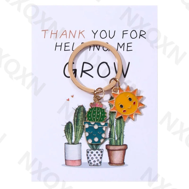 Classic Sun Smiling Face Cactus Enamel Keychain Cartoon Plant Grow Thank You For Teachers Good Gift Handmade Jewelry Set