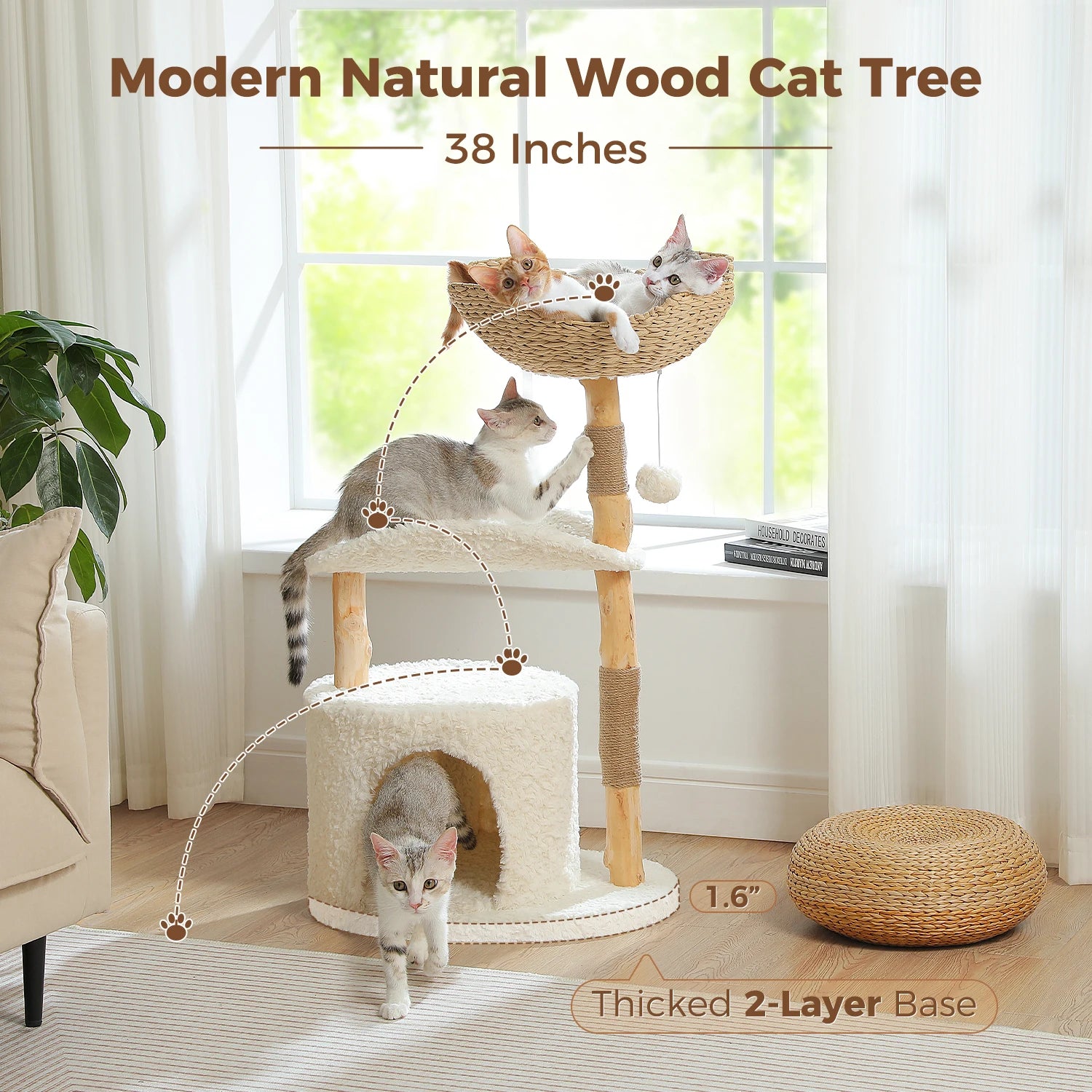 Modern Cat Tree Tower with Natural Solid Wood Scratching Posts Spacious Wicker Basket Luxury Cat Condo Bed for Indoor Cat Toys