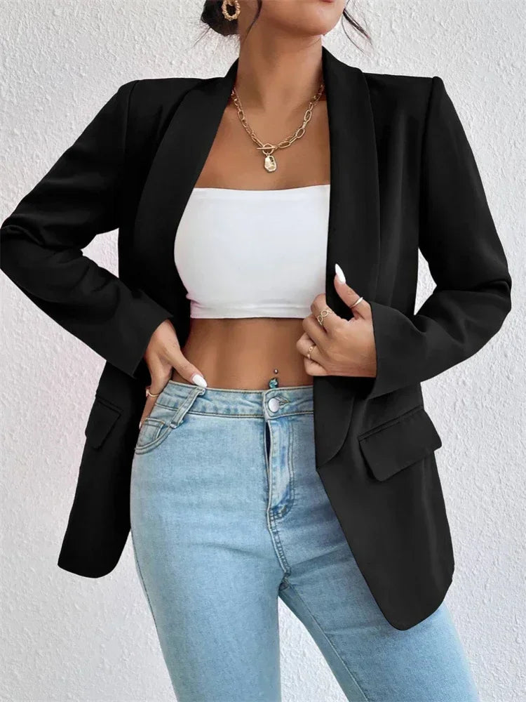 Elegant Casual Solid Color Blazer Vintage Formal Business Chic Suit Jackets Female Outerwear Long Sleeve Open Stitch Slim Coats