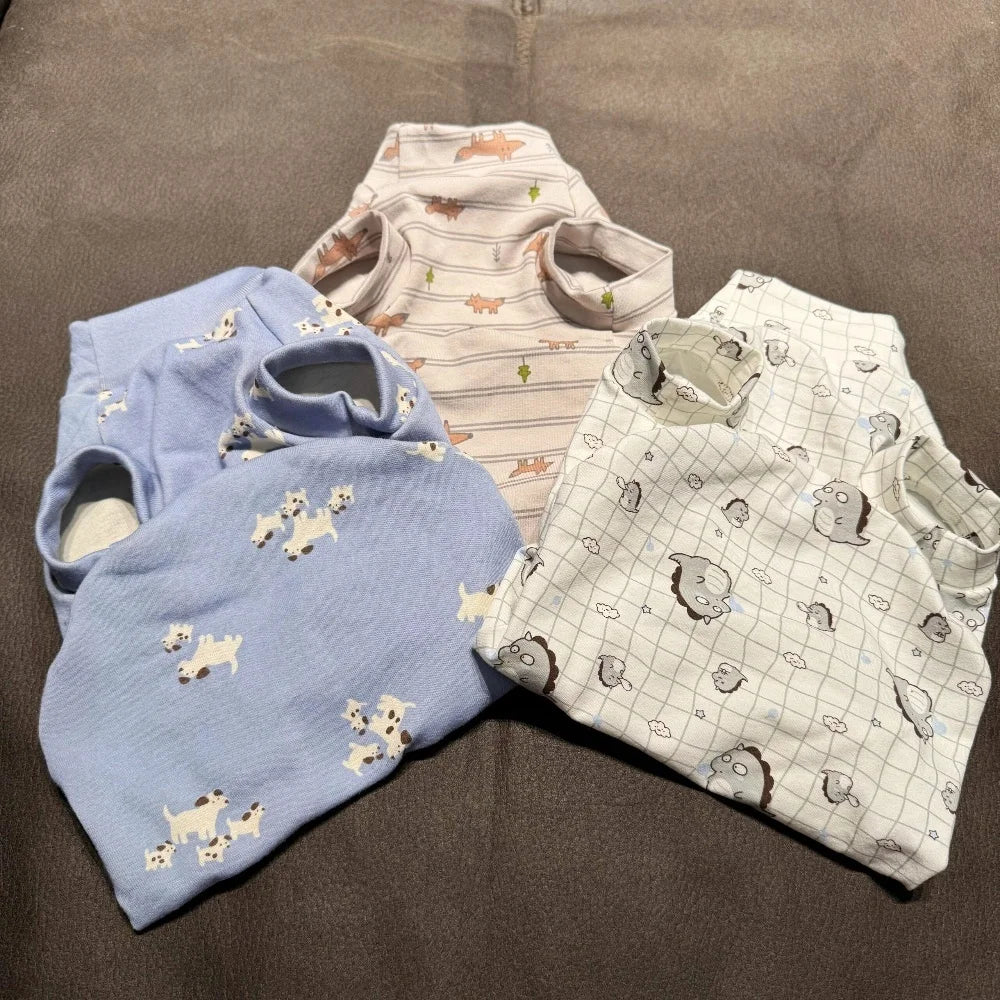 Clothing for Puppy in Spring Cartoon Animal Print Short Sleeves Cotton T-Shirt for Sphynx Cat Summer Blue Coat For Devon Rex