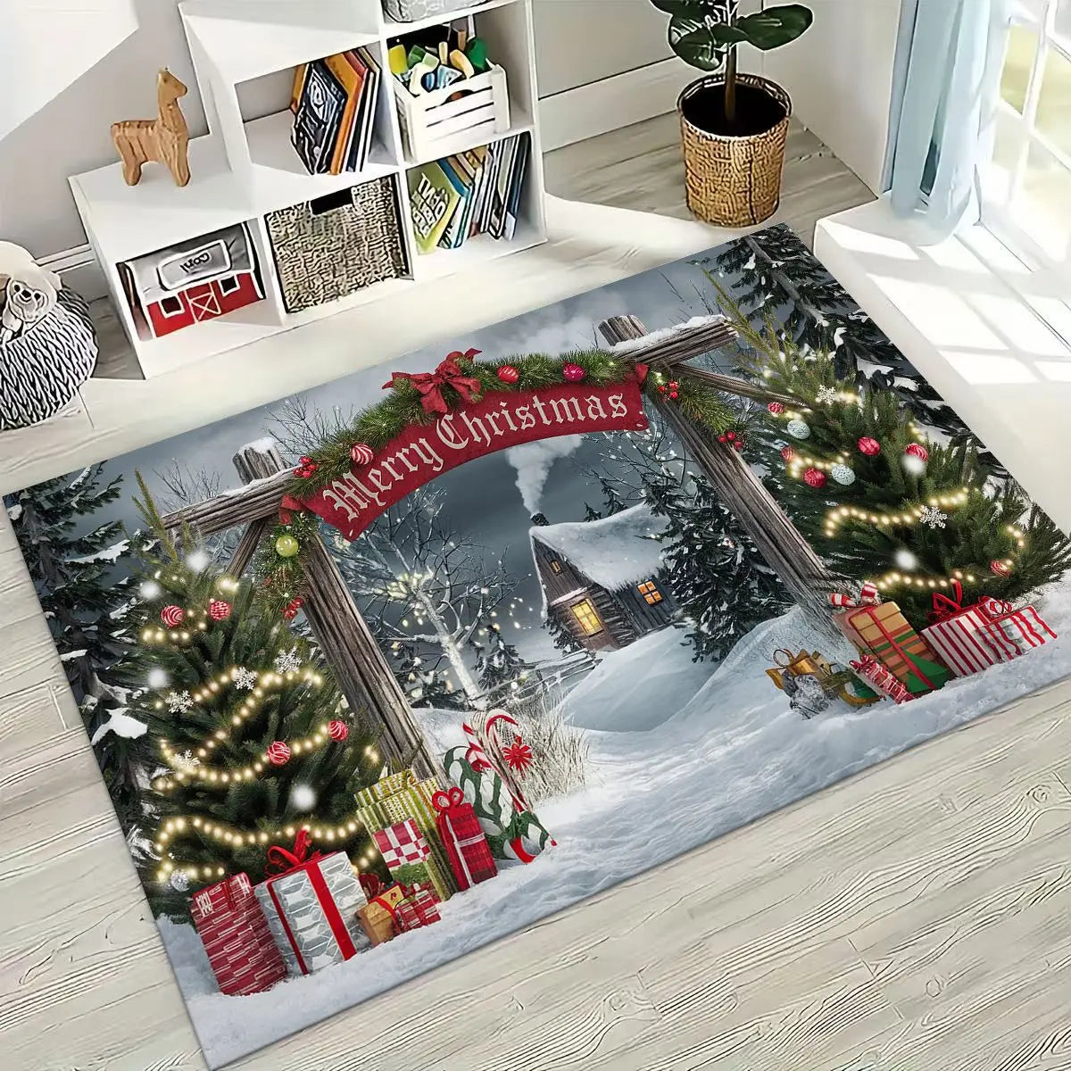 Merry Christmas Tree Santa Claus Cartoon Happy New Year Gift Carpet Rug for Bedroom Living Room Sofa Home Doormat Decor,Non-slip