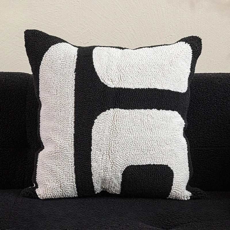 New Geometric Abstract Embroidered Cushion Cover Modern Beige Black Fully Tufted Pillowcase Home Decorative Pillows for Sofa