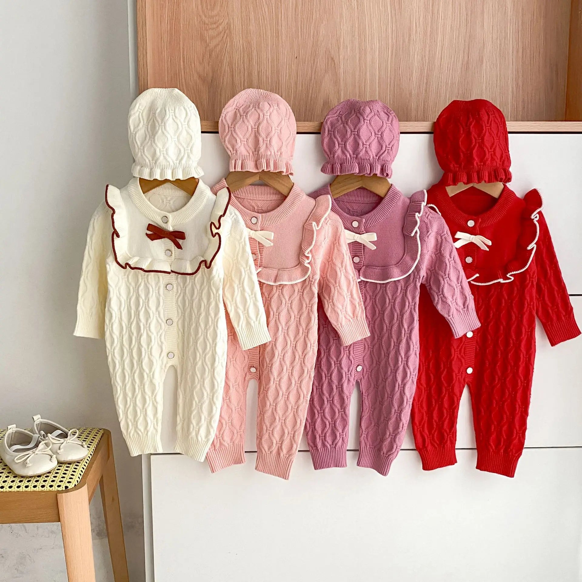 Christmas Baby Rompers Clothes Hat Autumn Winter Knitted Bow Newborn Girls Jumpsuits Fashion Solid Plain Toddler Kids Rompers